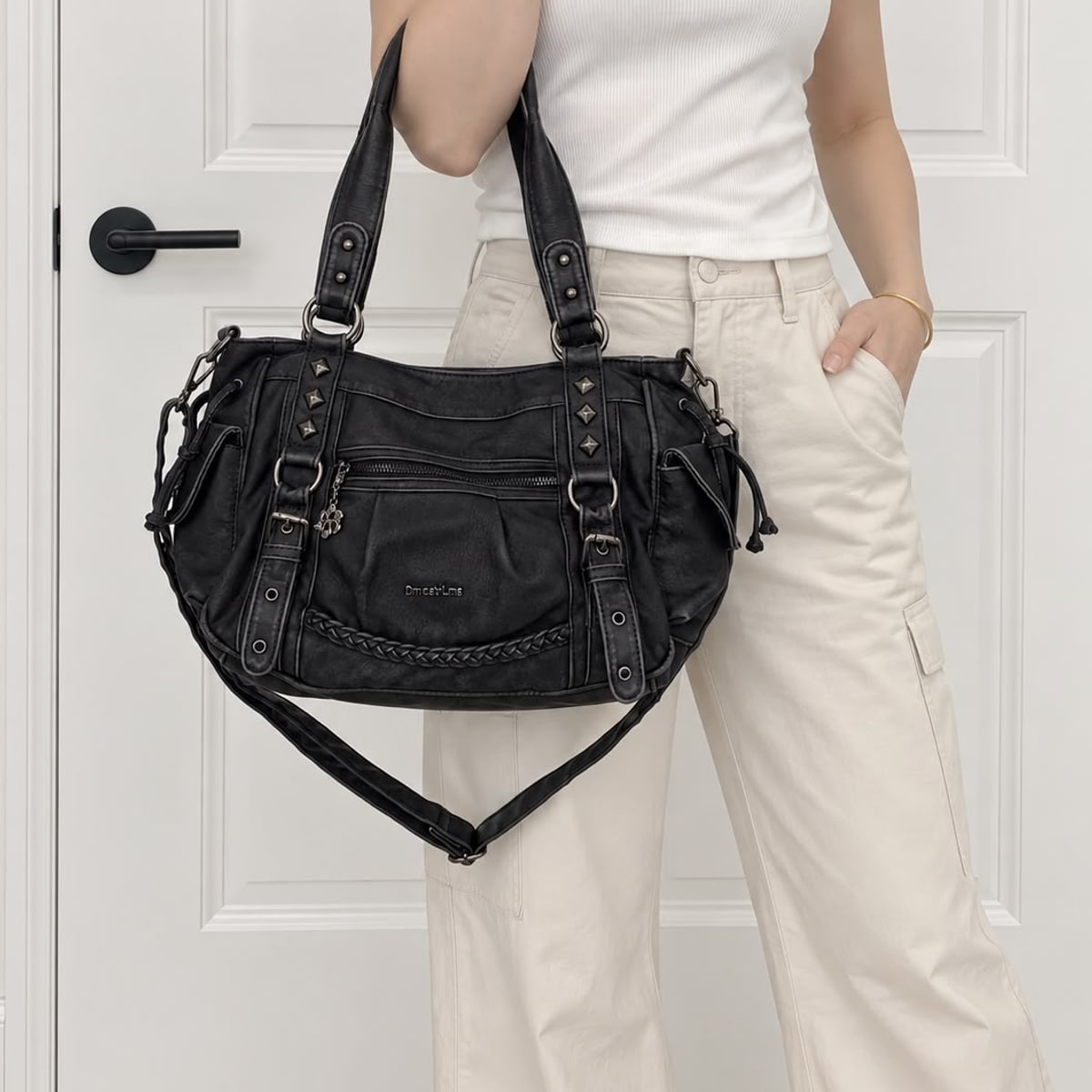Harlow Studded Shoulder Bag in Black