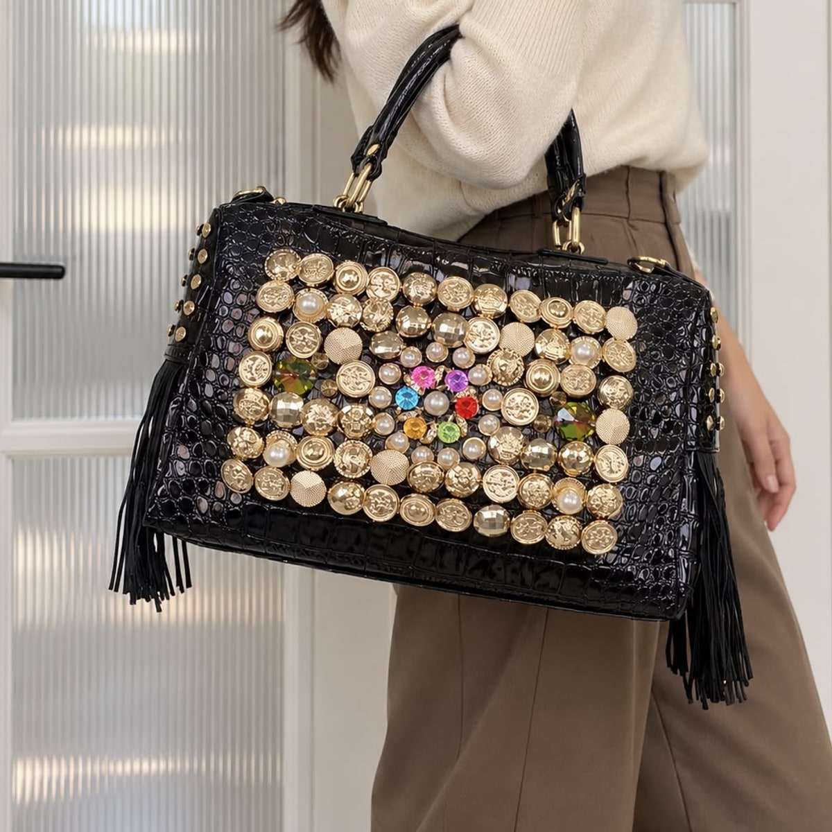 Lucia Embellished Top Handle Bag in Black