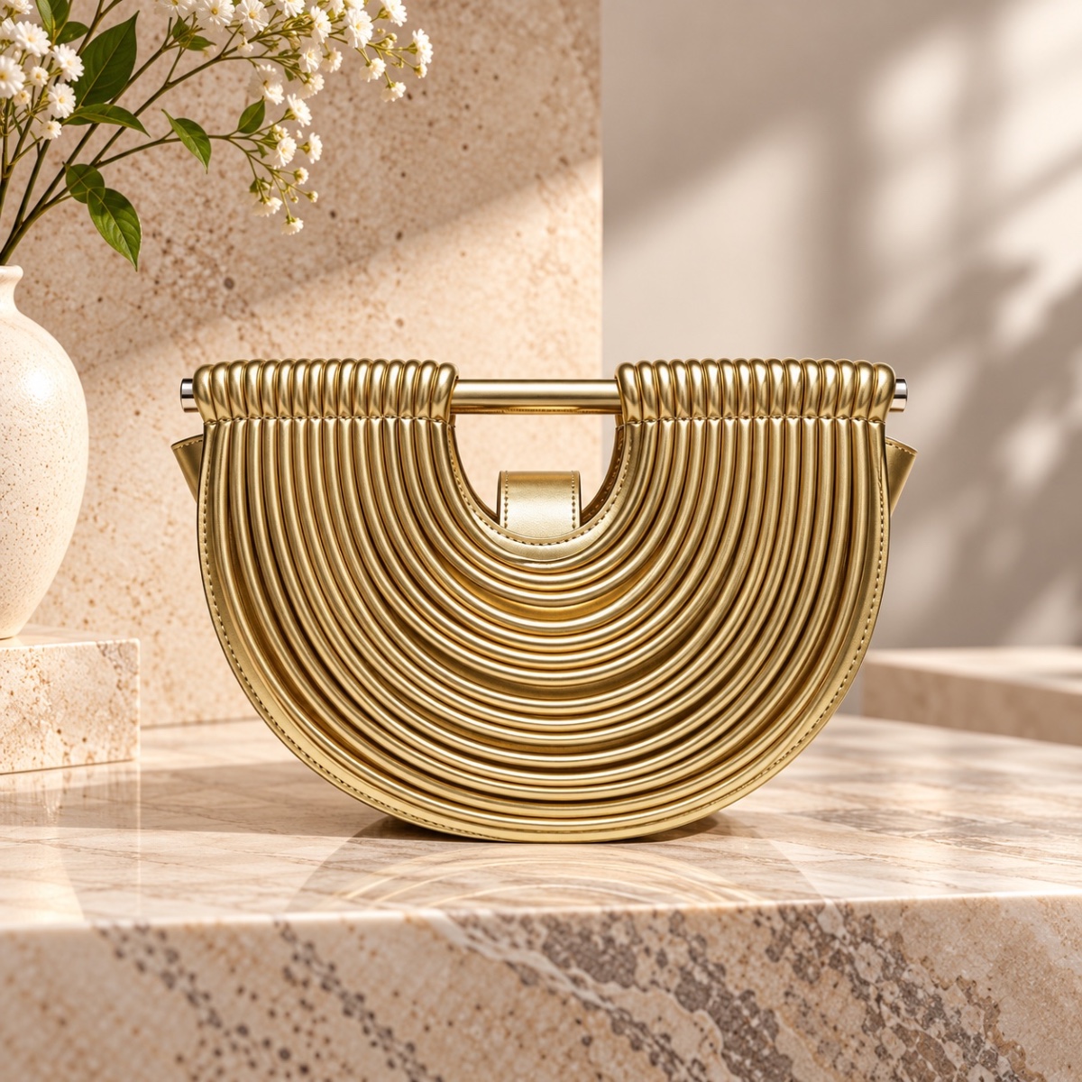 Marlowe Ribbed Half-Moon Top Handle Bag ladies top handle bag in Gold