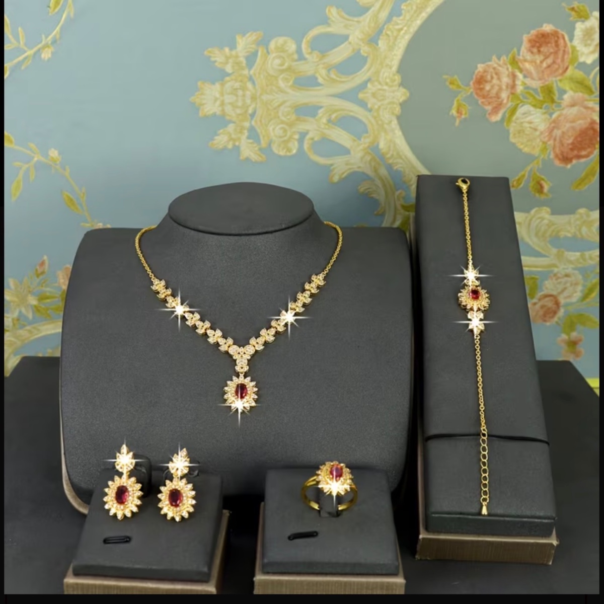 Nadia Crystal Halo Jewellery Set ladies accessory in Deep Ruby