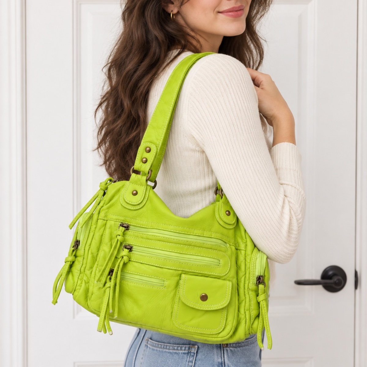 Rosalie Multi-Pocket Shoulder Bag ladies shoulder bag in Acid Lime