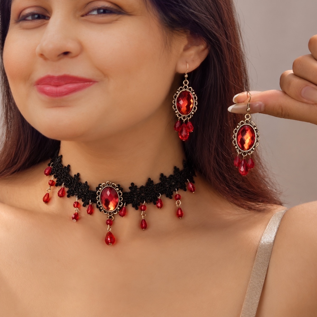 Seraphine Lace Choker and Earring Set ladies accessory in Crimson