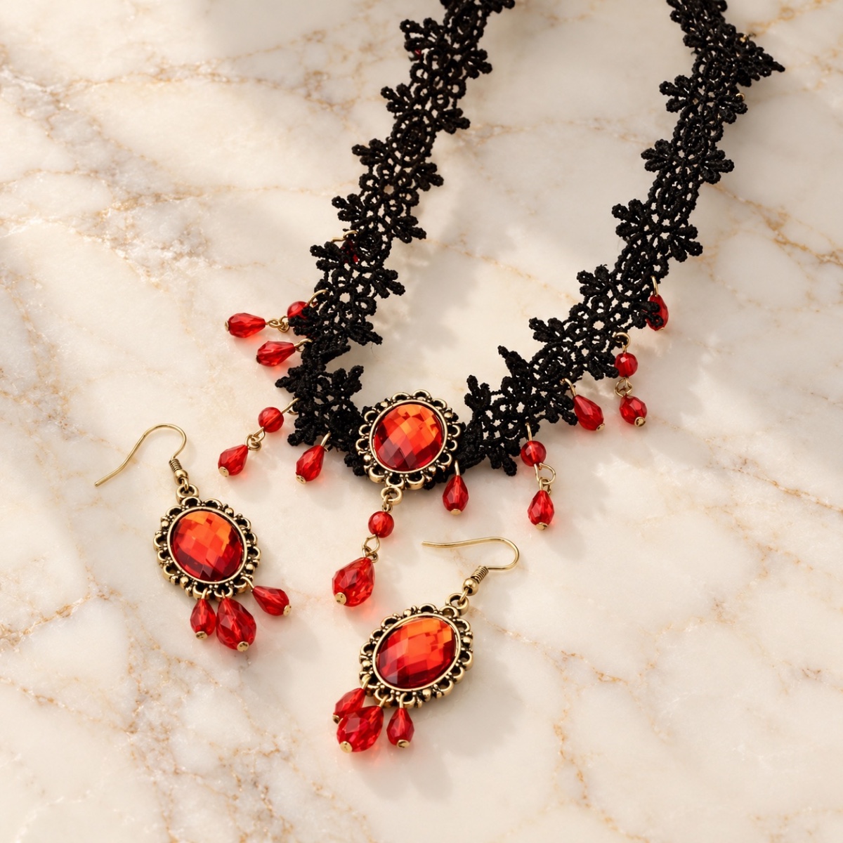 Seraphine Lace Choker and Earring Set in Ruby Red