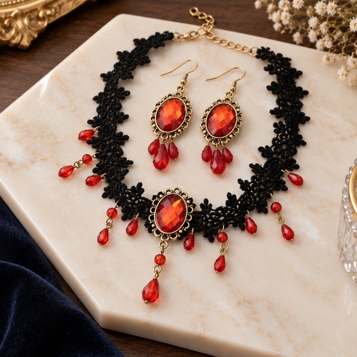 Seraphine Lace Choker and Earring Set in Scarlet