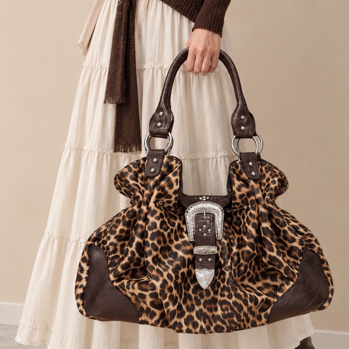 Sienna Western Buckle Slouch Bag ladies shoulder bag in Espresso Leopard
