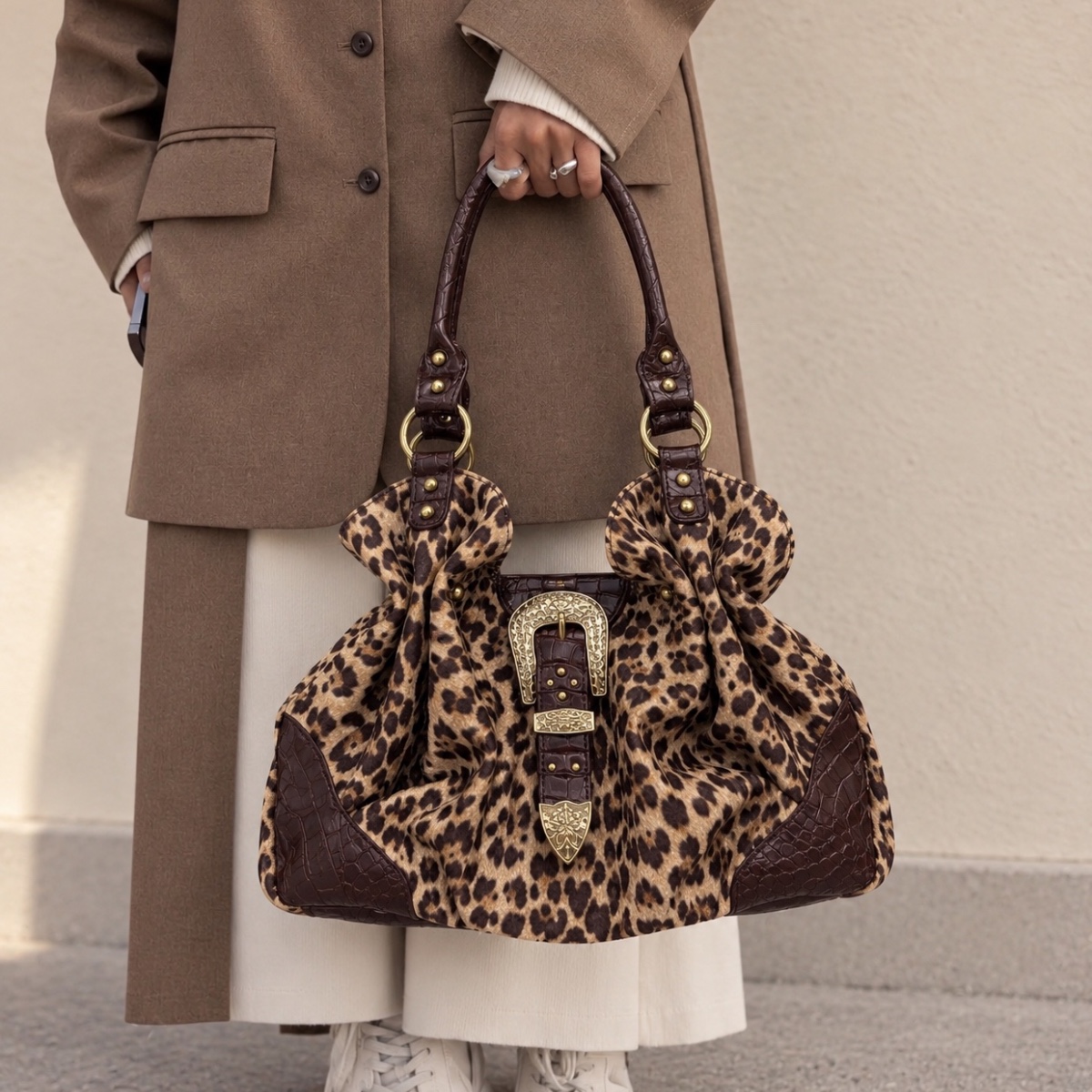 Sienna Western Buckle Slouch Bag ladies shoulder bag in Toffee Leopard