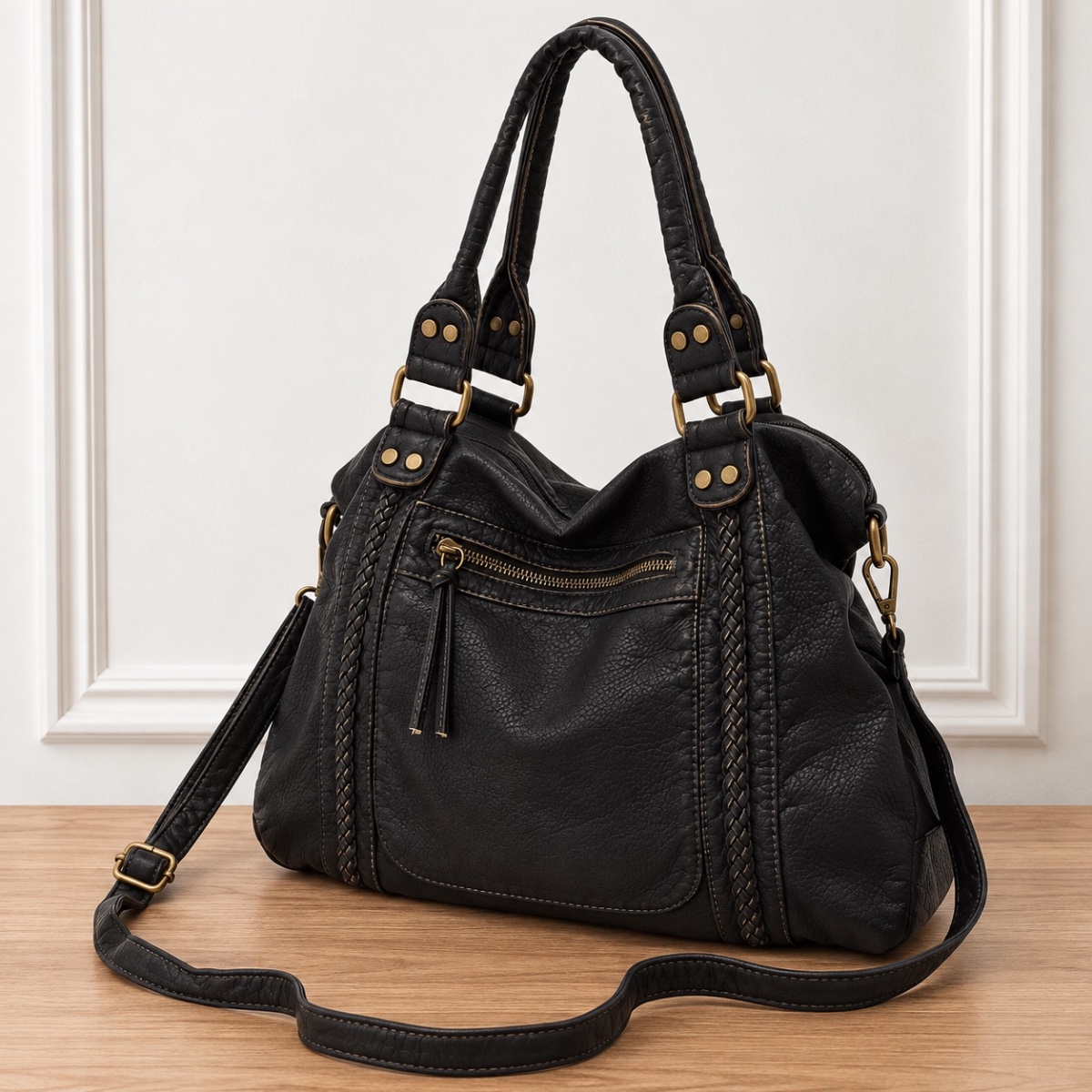 Thea Braided Slouch Shoulder Bag ladies shoulder bag in Washed Black