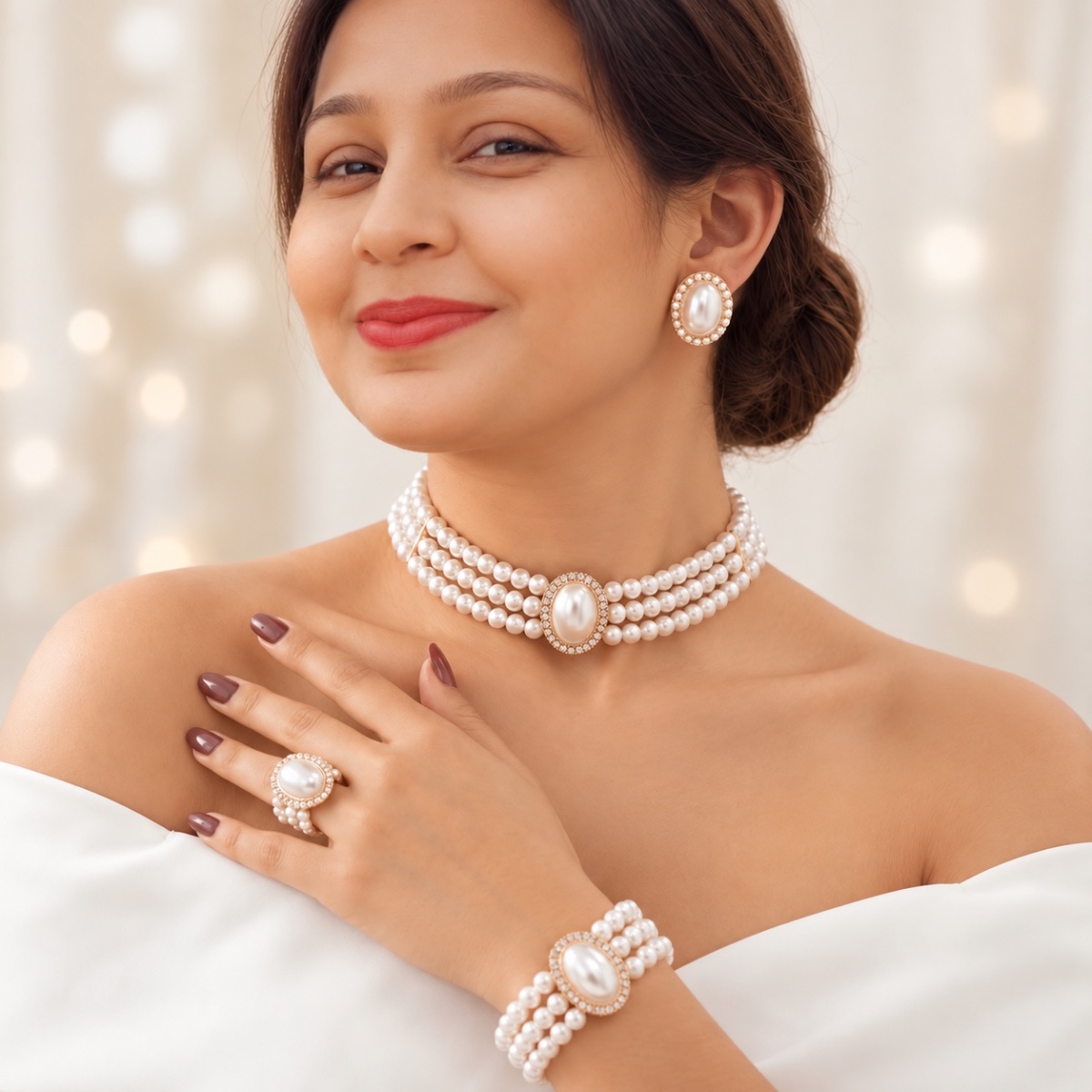 Verity Pearl Jewellery Set ladies accessory in Champagne Gold