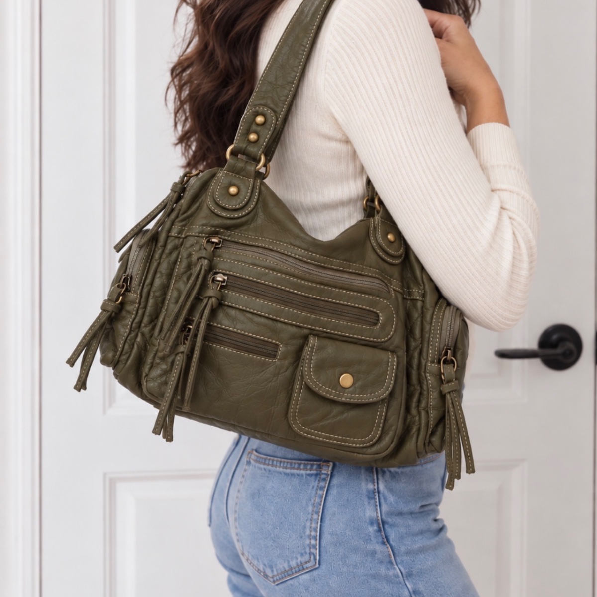 Willa Multi-Zip Shoulder Bag ladies shoulder bag in Olive Green