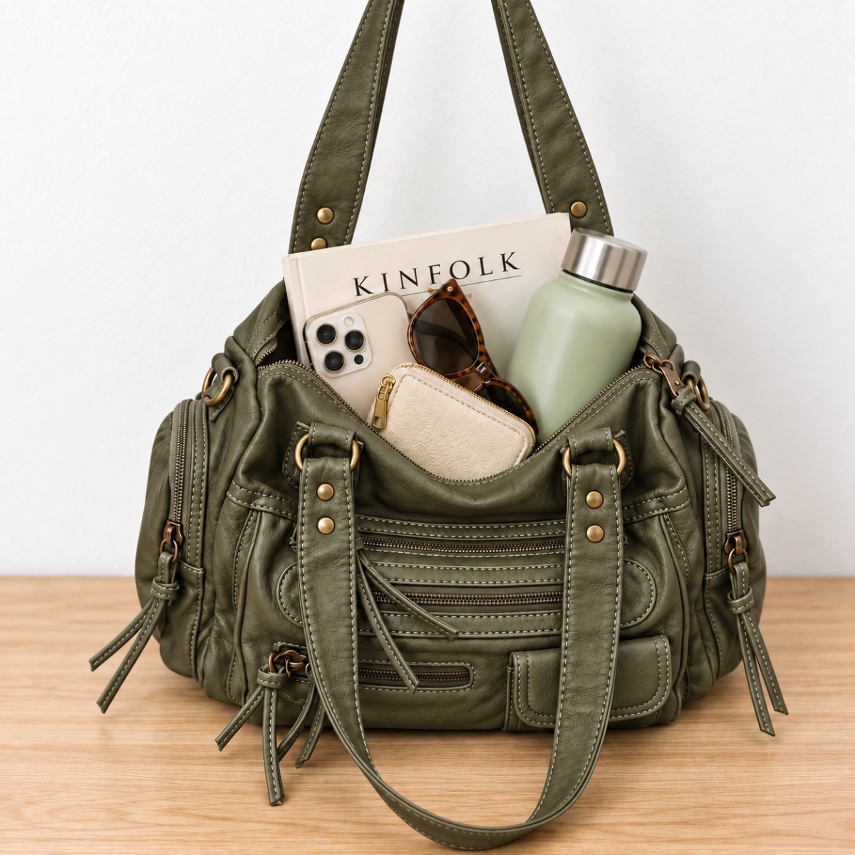 Willa Multi-Zip Shoulder Bag ladies shoulder bag in Sage Khaki